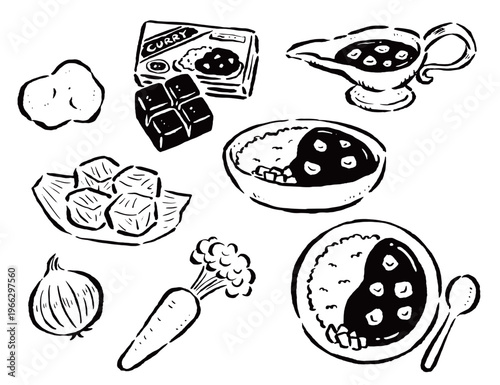 カレー　皿に盛ったもの・グレイビーボート・材料　手描きイラスト　線画セット