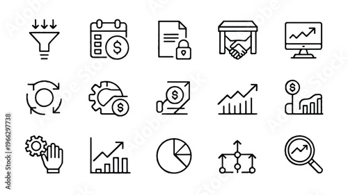 business finance icons set with graphs charts and money symbols