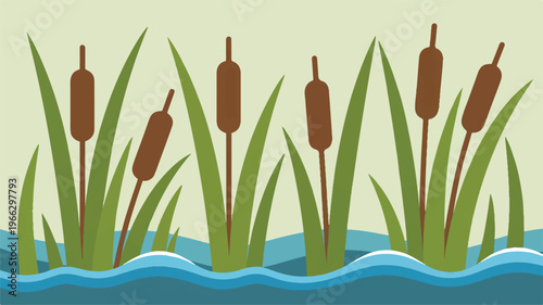 cartoon cattails growing in water with green leaves and brown seed heads