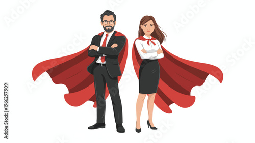 Businessman and businesswoman wearing red capes standing confidently side by side