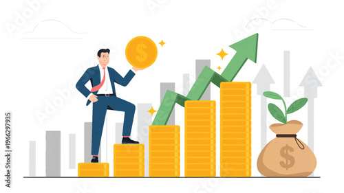 Businessman climbing steps of gold coins with growing plant and green arrow