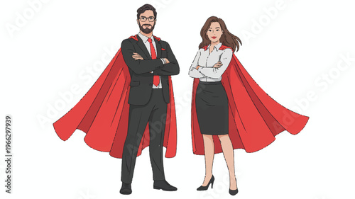 businessman and businesswoman wearing red capes standing confidently