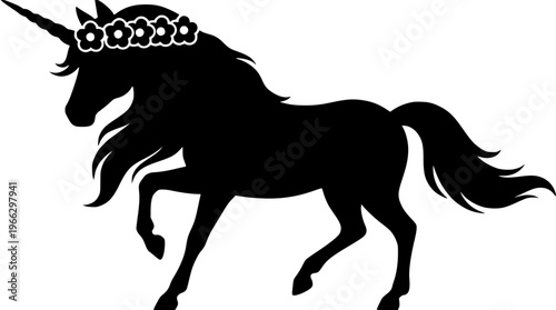 Flower Crown Unicorn Prancing Full Body Black Silhouette Vector