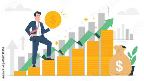Businessman climbing up graph with growing gold coins and money bag