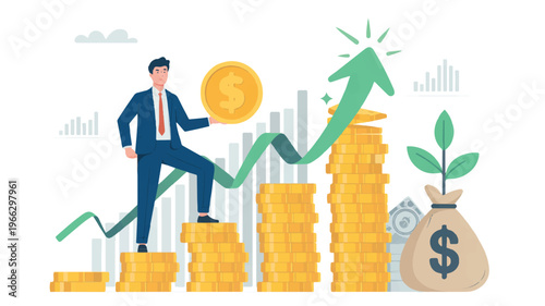 Businessman climbing up stacks of coins with growing plant and increasing graph