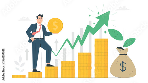 Businessman standing on coins with growing graph and money bag