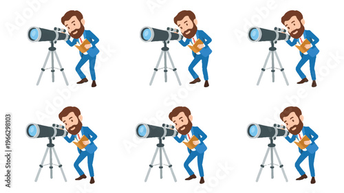 Cartoon man in blue suit looking through telescope with notebook  astronomy observation
