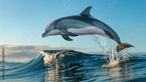 dolphin jumping out of ocean wave on sunny day