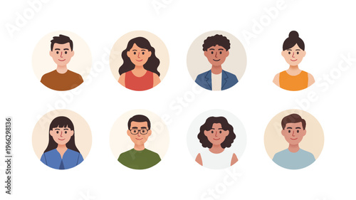 cartoon people with different hairstyles and clothes smiling