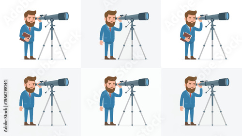 cartoon man looking through telescope on tripod stand various poses