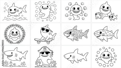Cartoon shark illustrations in various fun poses and activities