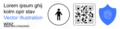 Digital security, identity verification, personal data, authentication, technology, encryption. Minimal design a person icon, QR code and fingerprint on a shield. Digital security and identity
