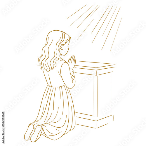Dziewczynka w długiej sukience, klęcząca ze złożonymi dłońmi przy ołtarzu. Modlące się dziecko. Grafika na zaproszenia komunijne, kartki religijne i dewocjonalia.