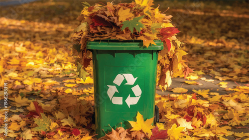 Green recycling bin overflowing with autumn leaves on ground