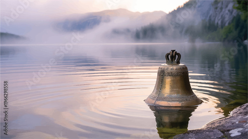 Large bronze bell partially submerged in serene lake water with foggy mountain background