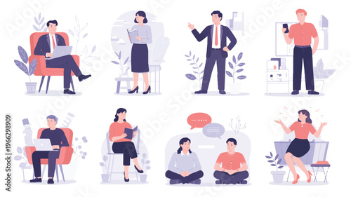 flat illustration set of people working or communicating in office or home environment