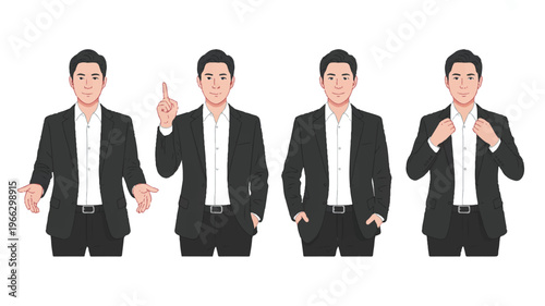 Four cartoon businessmen in black suits and white shirts showing different gestures on white background
