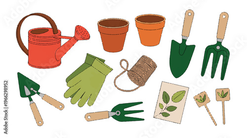 Gardening tools and accessories on white background for planting flowers and plants