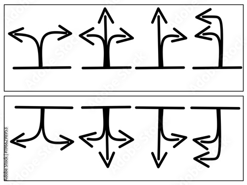 Hand drawn arrow collection. Different types of arrows facing each other. Arrow with question mark.