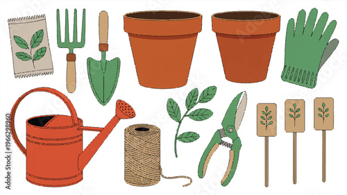 Gardening tools and supplies for planting and maintaining plants in pots