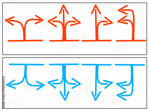 Hand drawn arrow collection. Different types of arrows facing each other. Arrow with question mark.