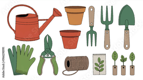 Gardening tools and supplies for planting and maintenance in a garden or yard one sentence