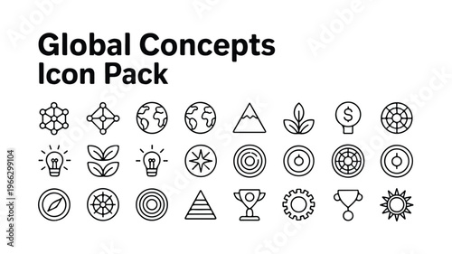 global concepts icon pack with various symbols and logos