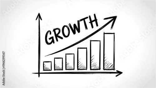 Hand drawn growth chart with bars and rising arrow