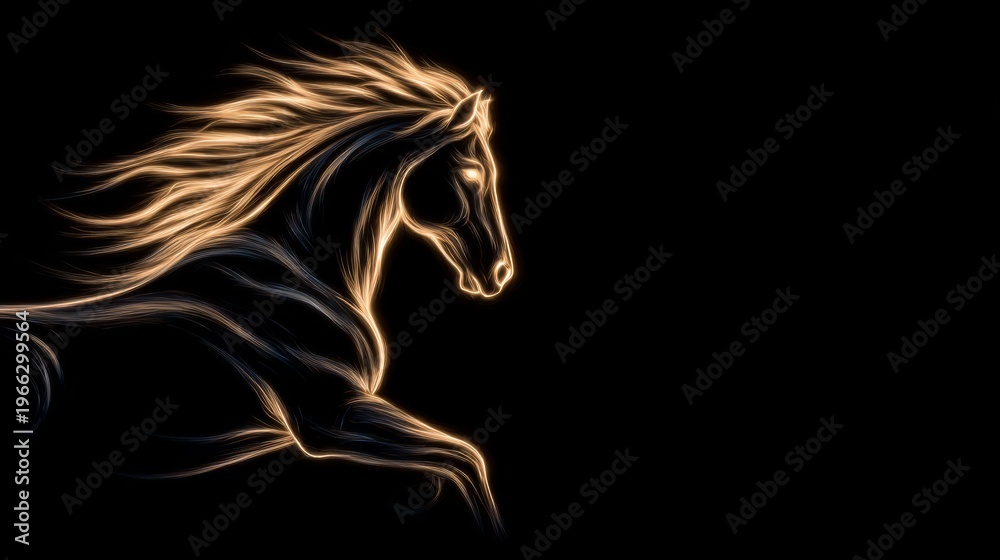 Obraz premium Elegant lines of glowing light sketch a running horse with a windswept mane on black, conveying freedom and motion for tech, sports, or creative identity projects.
