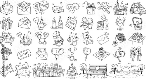 Hand-drawn Love and Valentine's Day Doodle Icons Set. Romantic sketch elements with hearts, gifts, couples, and celebration items.