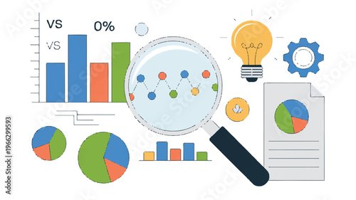 infographic elements with charts graphs and magnifying glass on white background