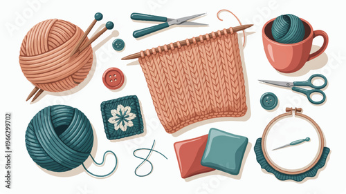 knitting and sewing tools and supplies on white background