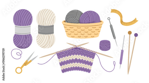 Knitting tools and supplies for hobbyists and crafters isolated on white background