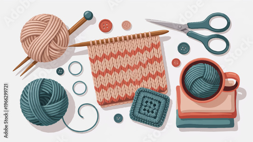 Knitting tools and supplies on a table top view