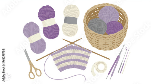 Knitting tools and supplies with yarn and basket on white