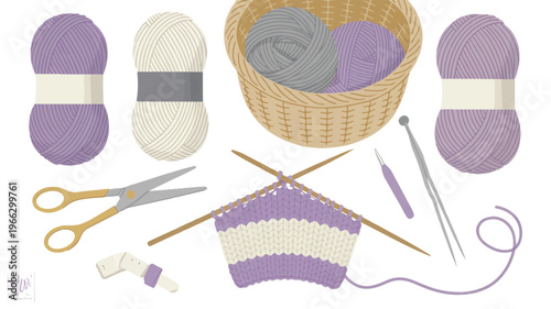 knitting tools and yarn on white background