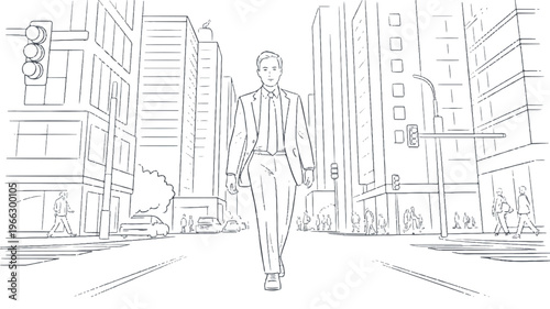 man in business suit walking down city street with tall buildings and traffic lights