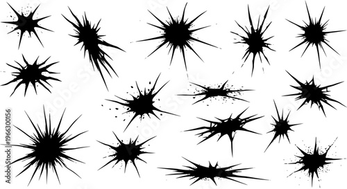 Diverse set of black abstract splatters, grunge ink marks, starbursts, and explosion effects on white background, perfect for graphic design elements or textures.