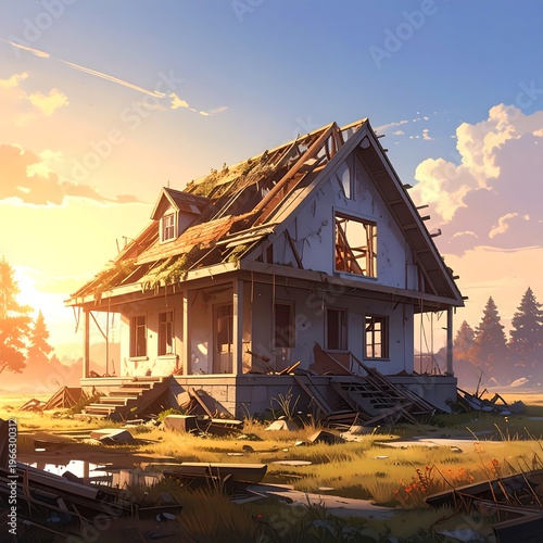 A dilapidated house with a missing roof and broken windows