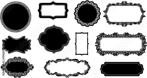 Set of Ornate Vintage Black and White Frames and Labels with Scrollwork and Elegant Decorative Borders, Vector Collection for Design Elements