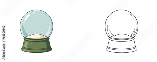 Empty snow globe cartoon illustrations in colored with green base and black outline styles for Christmas, winter decoration, or holiday gifts isolated on white background