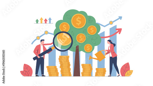 People growing a money tree with coins and graphs