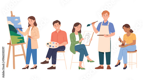 people painting and drawing with various art supplies and techniques together