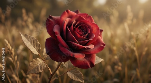Red Rose Blooming Alone in Wheat Field at Golden Hour Sunset, Romantic Floral Closeup