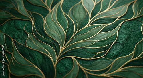 Luxurious Green Marble Background With Gold Leaf Botanical Pattern and Elegant Ornate Texture
