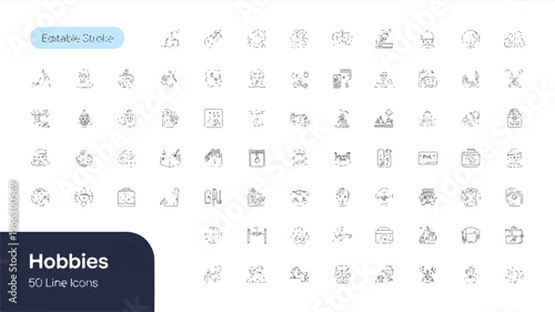 Set of line icons depicting various hobbies and leisure activities