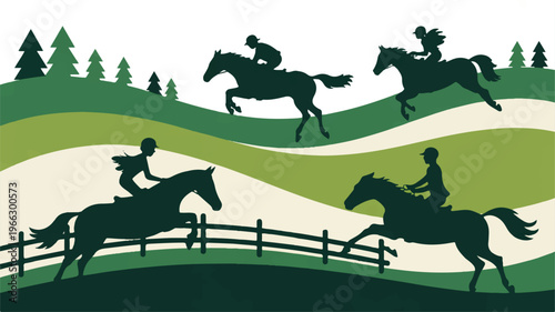Silhouette of people riding horses over hills with trees and fence