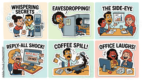 Set of 6 funny office situation stickers featuring gossip eavesdropping side eye reply all mistake coffee spill and coworker laughter scenes for workplace humor communication illustration