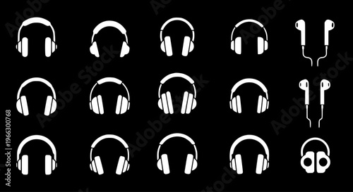 Headphones and Earphones Vector Icons Set. Collection of Audio Listening Devices, Music and Sound Symbols. White on Black Background.