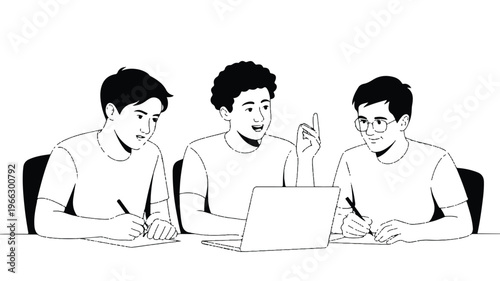 Three men sitting at a table working on a laptop and taking notes